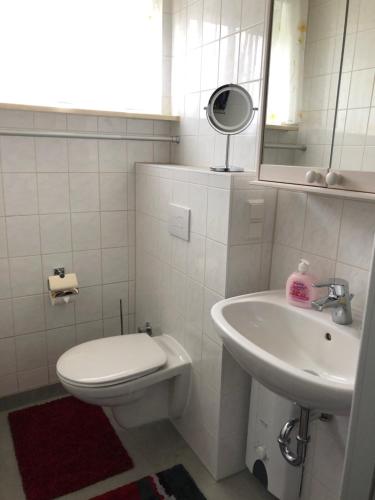 a white bathroom with a toilet and a sink at Sommerhaus Boldevitz auf Rügen in Boldevitz