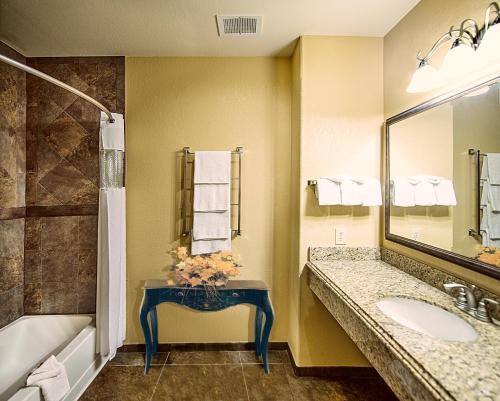 a bathroom with a sink and a toilet and a tub at La Quinta by Wyndham Marble Falls in Marble Falls