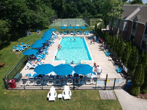 an overhead view of a swimming pool with blue umbrellas at Southampton Inn in Southampton