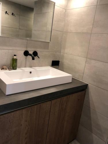 een badkamer met een witte wastafel op een aanrecht bij Bergenshofje in Bergen