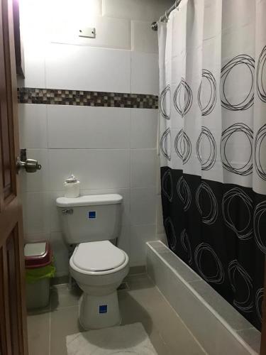 a bathroom with a toilet and a shower curtain at Hotel Cana Palma Zona Colonial in Santo Domingo