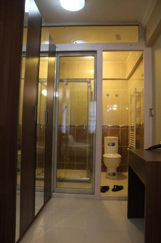 a bathroom with a glass shower and a toilet at Bedir Apartments in Istanbul