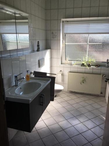 a bathroom with a sink and a toilet and a window at Ferienwohnung Deichsel in Sundern