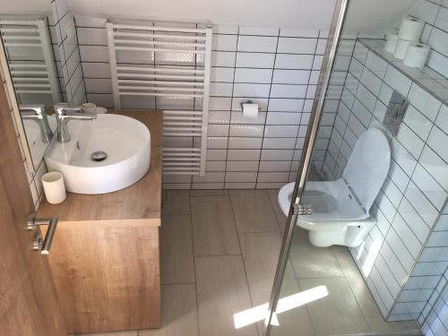 a bathroom with a sink and a toilet at Sipos Borház és Vendégház in Badacsonyörs
