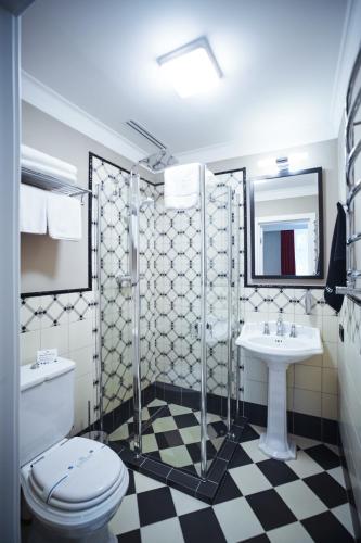 a bathroom with a shower and a toilet and a sink at Sherlock Holmes Boutique Hotel in Lviv