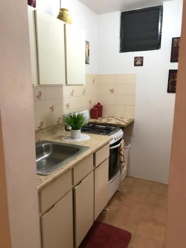 a small kitchen with a sink and a stove at Brisas Del Mar 1/1 Front Beach Apartment in Rincon