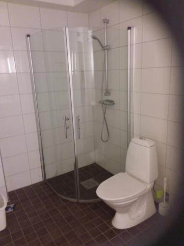 uma casa de banho com um chuveiro e um WC. em Grebbestad em Grebbestad
