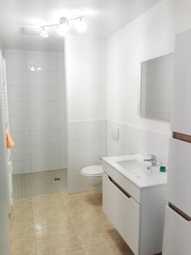 a white bathroom with a toilet and a sink at Pension Bernburg A² in Bernburg