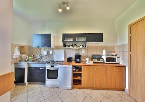 a kitchen with white appliances and brown cabinets at Apartamenty w Puszczy Boreckiej in Kruklanki