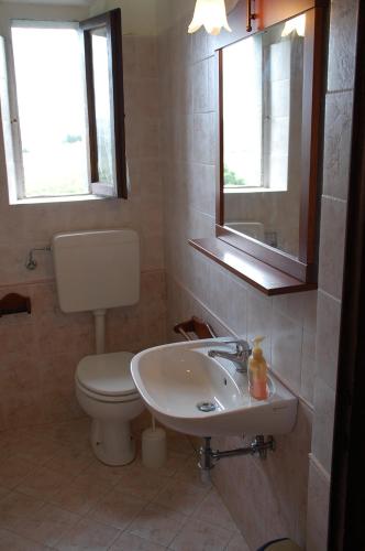 a bathroom with a sink and a toilet and two windows at Due Piani in Barberino di Val dʼElsa