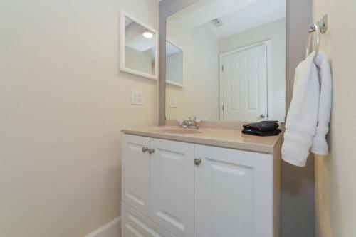 a bathroom with a sink and a mirror at Lovely Cottage - Close to Siesta, Shops & Dining in Sarasota