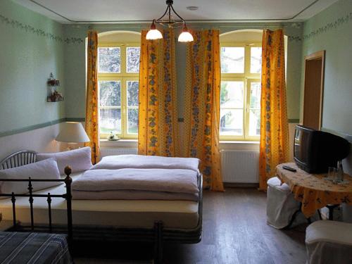 Schlafzimmer mit einem Bett, einem TV und Fenstern in der Unterkunft Wein-Hotel Auberge Mistral in Freiberg