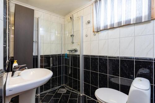 a bathroom with a sink and a toilet and a shower at Historical apartments in the heart of the old town in Stavanger