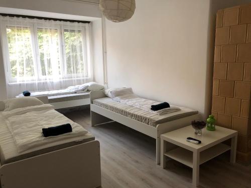 a room with two beds and a window at Sportarena & Stadion Apartman H-39 in Budapest