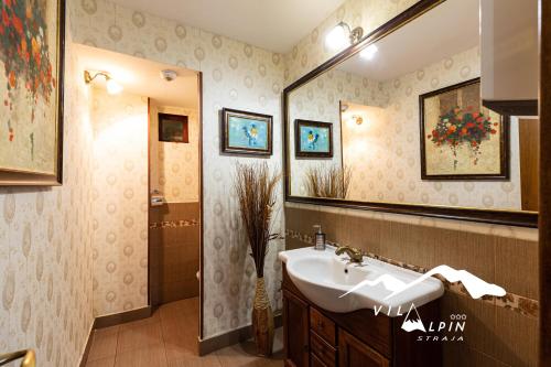 a bathroom with a sink and a large mirror at Vila Alpin in Straja