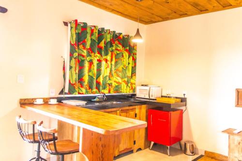 a kitchen with a counter and a colorful painting on the wall at Pé da Serra Suítes in Lavras Novas