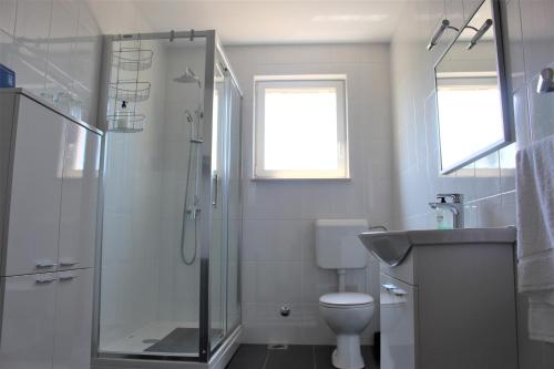 łazienka z prysznicem, toaletą i umywalką w obiekcie Horizont Apartman w mieście Kukci