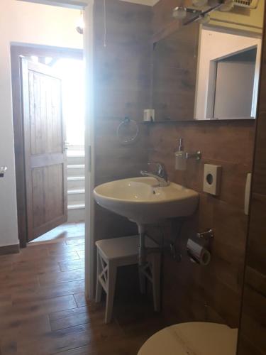 a bathroom with a sink and a toilet and a mirror at Apartments Garden Monsena in Rovinj