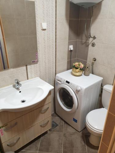 ein Badezimmer mit einer Waschmaschine und einem Waschbecken in der Unterkunft Apartment ALEKSANDAR in Kotor