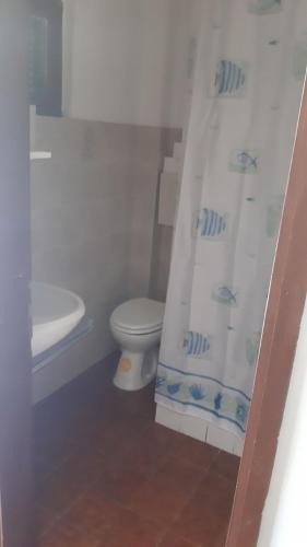 a bathroom with a toilet and a shower curtain at Apartmani Lupi 2 M&S in Vrboska