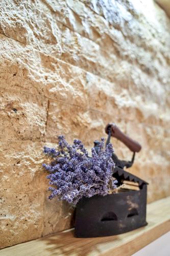 a plant in a black box next to a stone wall at Lavand House in Vişeu de Sus