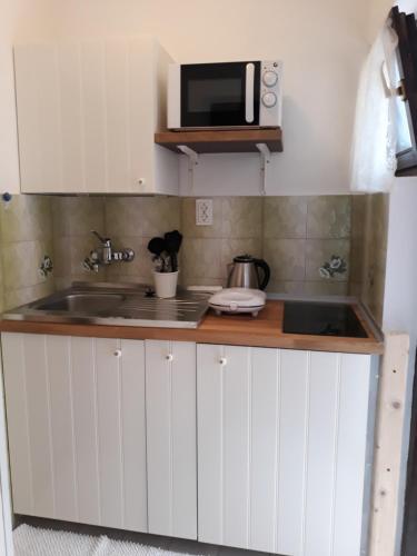a white kitchen with a sink and a microwave at Apartments Garden in Rovinj