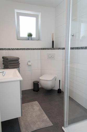 a bathroom with a toilet and a sink and a shower at Location 1 in Rimschweiler