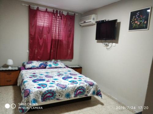 a small bedroom with a bed and a television at Didi Guest House in Bet Sheʼan