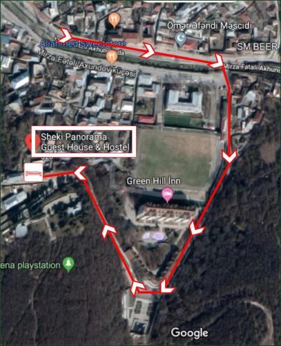 a map of a city with red arrows at Sheki Panorama Guest House in Sheki