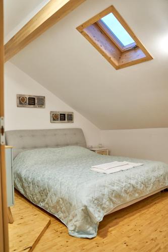 a bedroom with a bed with a skylight at Lavand House in Vişeu de Sus