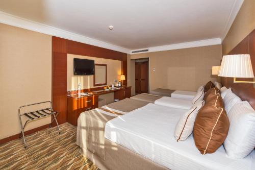 a hotel room with two beds and a television at Vicenza Hotel Istanbul Old City in Istanbul