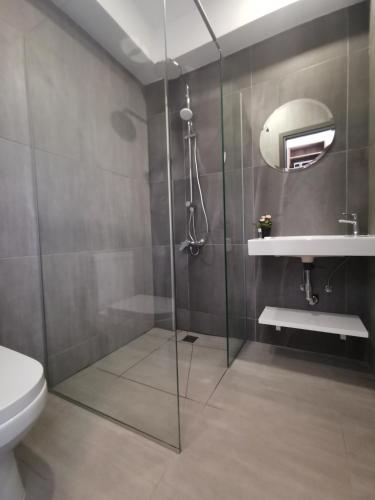 a bathroom with a shower and a toilet and a sink at Shalos Studios in Ayia Napa