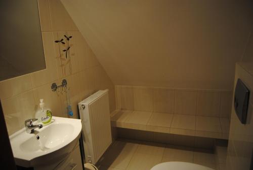 a small bathroom with a sink and a toilet at Domek w Bartoszymlesie in Stara Kiszewa