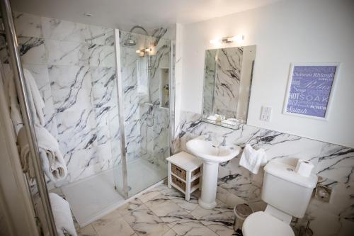 a bathroom with a sink and a shower and a toilet at Château Rhianfa in Menai Bridge