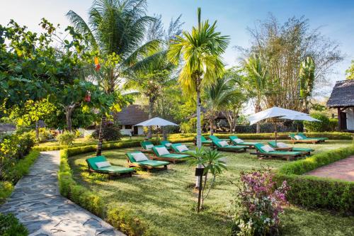 a group of lounge chairs and umbrellas in a garden at Corail Noir Hotel in Ambaro
