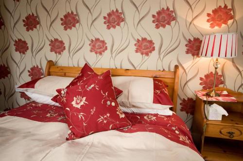 a bedroom with a bed with red pillows at Evergreen Bed & Breakfast in Swords