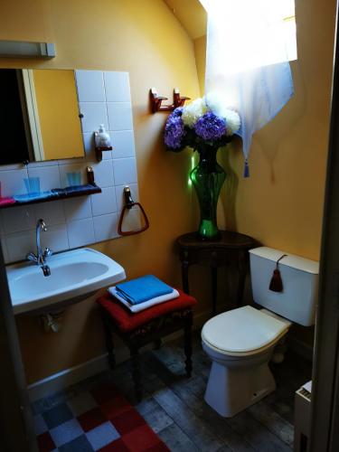 a bathroom with a toilet and a sink and a vase of flowers at Hotel bar b'rock in Saint-Martin-sous-Vigouroux