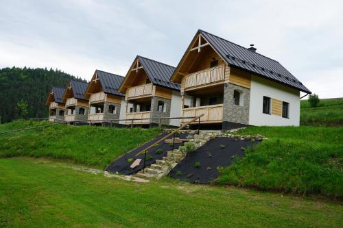 a row of houses with metal roofs on a hill at Rekreačna usadlosť Pieninka in Lesnica