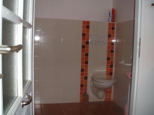 a bathroom with a toilet with tiles on the wall at Chambres d'hôtes La Charrière in Cheffois