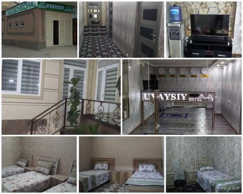 a collage of four pictures of a house with a staircase at Uvaysiy family guest house in Margilan