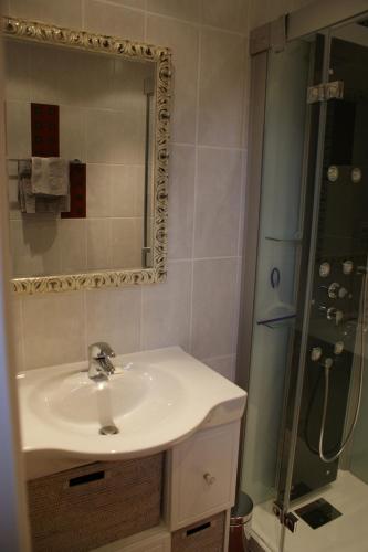 une salle de bain avec un lavabo et une douche dans l'établissement Gîtes les bains, à Riquewihr