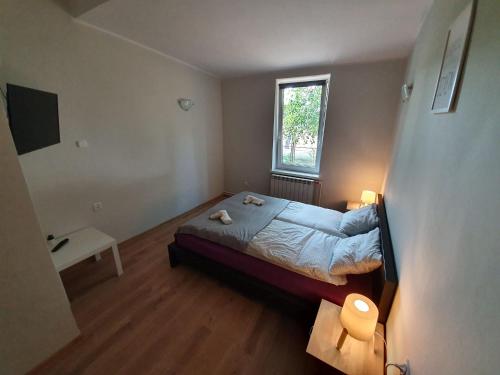 - une petite chambre avec un lit et une fenêtre dans l'établissement Pensjonat Tężniowa 6, à Ciechocinek