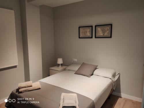 a bedroom with a bed and two pictures on the wall at Apartamento moderno en pleno centro de Castellón. in Castellón de la Plana