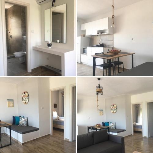 a kitchen and a living room with a table at Sunset View in Ofrínion