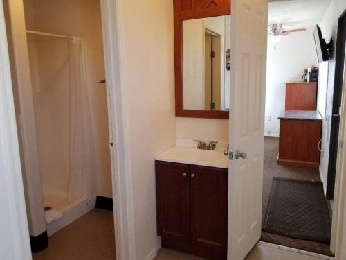 uma casa de banho com um lavatório e um chuveiro em 071B Private Studio near Grand Canyon South Rim Sleeps 6- No Kitchen em Valle