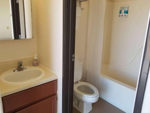 a bathroom with a sink and a toilet and a shower at 068A Cozy Studio Grand Canyon South Rim Sleeps-2 in Valle
