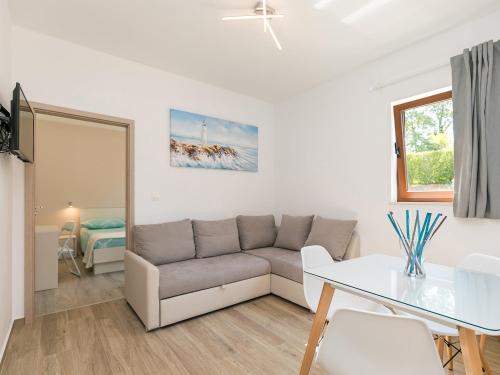 a living room with a couch and a table at Apartment Stefano - free wine&spirit tasting in Višnjan