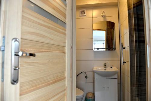 a bathroom with a shower door and a sink at Noclegi Sucha Woda in Poronin