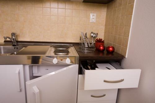 a kitchen with a stove and a counter top at Apartman Nellinka in Bešeňová