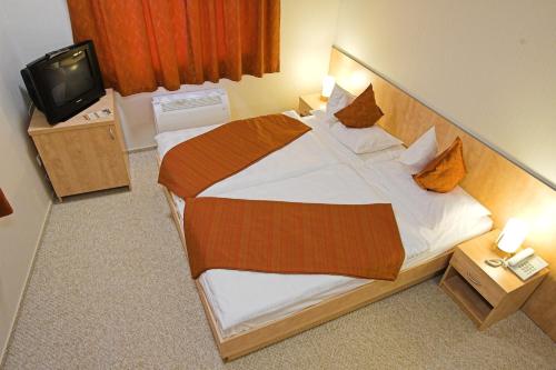 a hotel room with a large bed with a television at Völgyikút Ház in Veszprém